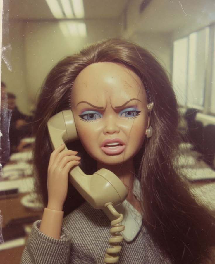 Barbie met een chagrijnige blik aan de telefoon